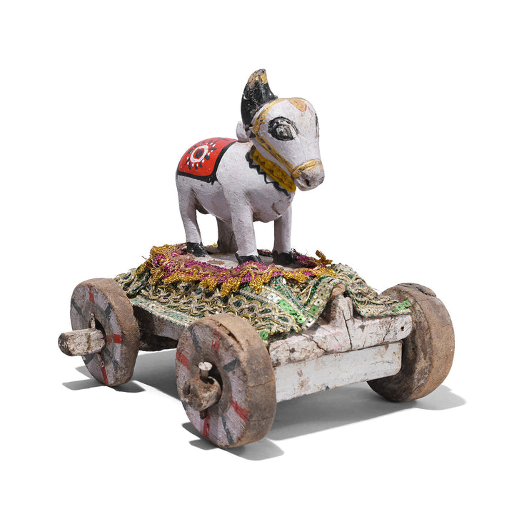 Antique Indian Carved Teak Nandi Bull Toy On Wooden Wheeled Cart From Rajasthan