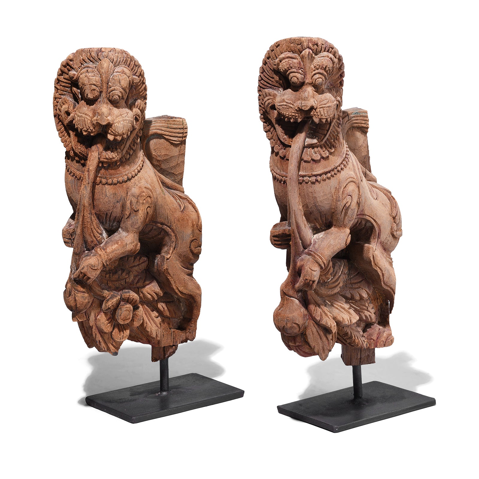 Antique Indian Carved Yali Figures On Stands | Indigo Antiques