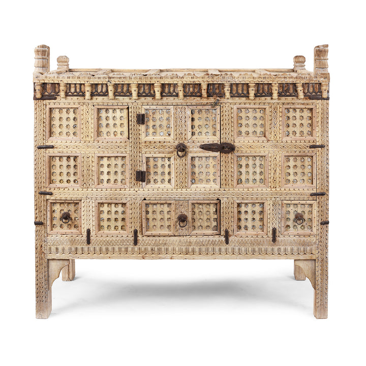 Bleached Teak Indian Damchiya Chest With Intricate Hand-Carved Geometric Patterns And Hidden Tribal Compartments