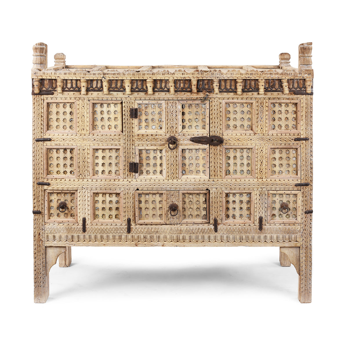 Bleached Teak Indian Damchiya Chest With Intricate Hand-Carved Geometric Patterns And Hidden Tribal Compartments
