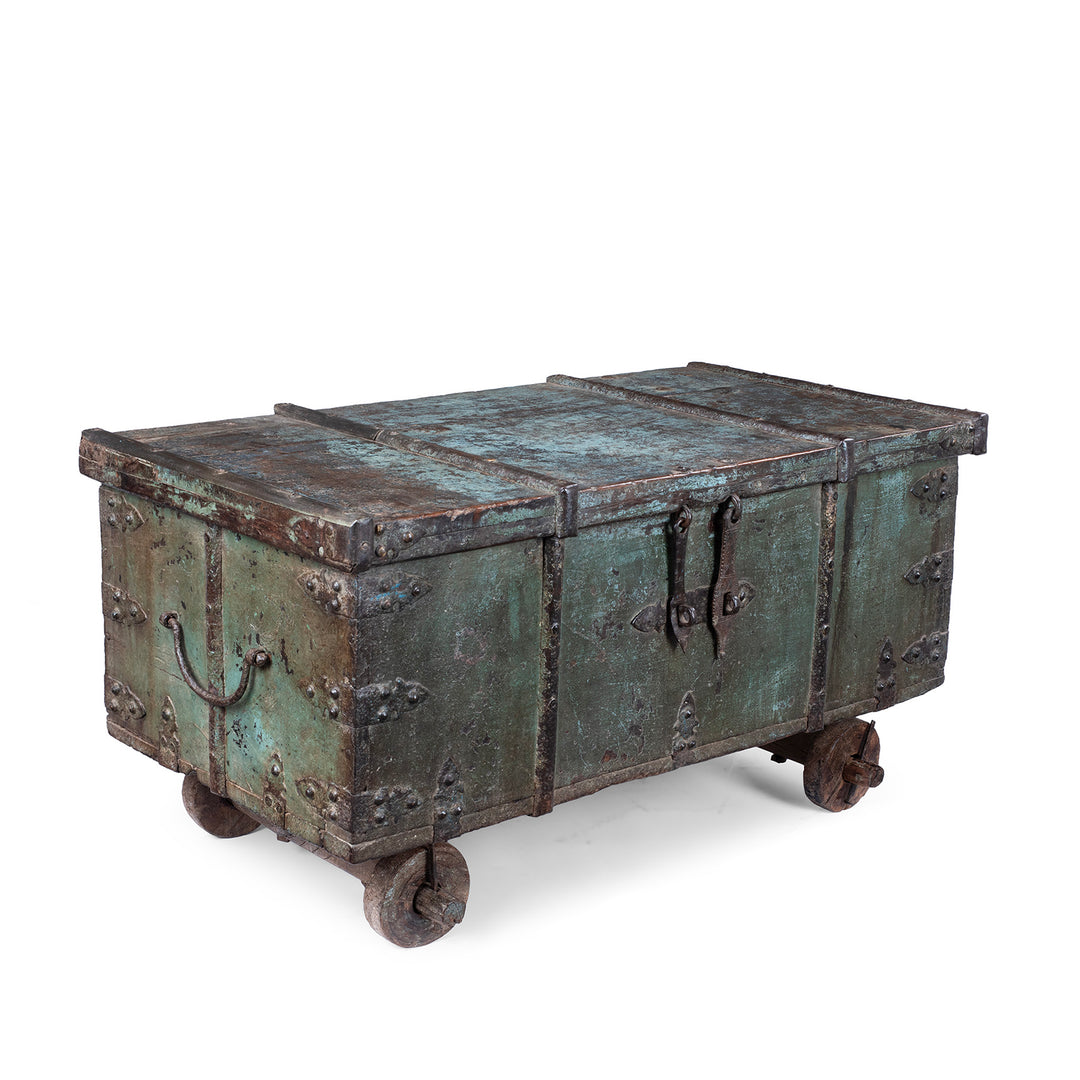 Antique Indian Green Painted Iron Bound Chest on Wheels | Indigo Antiques
