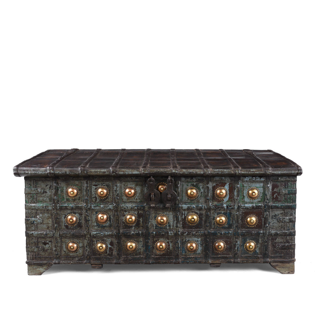 Painted Teak Coffee Table Chest With Brass Studs And Iron Cladding From Gujarat India