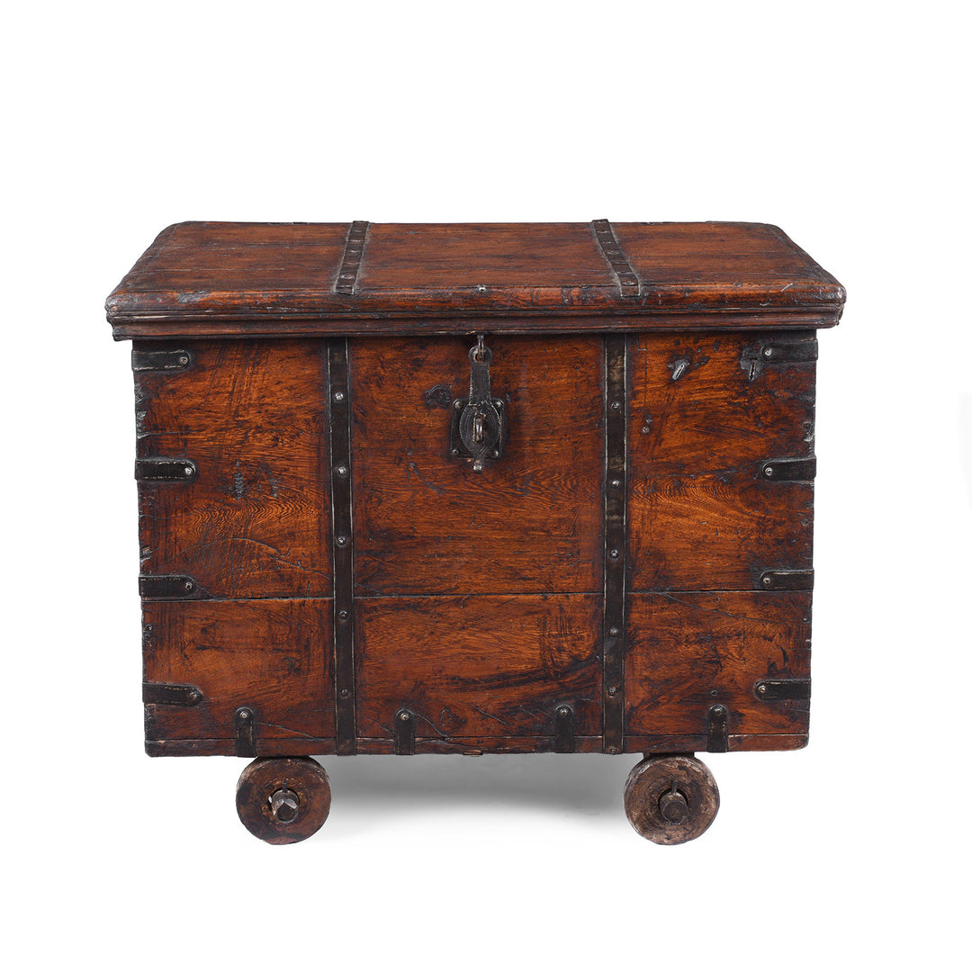 Antique Indian Iron Bound Teak Chest On Wheels | Indigo Antiques