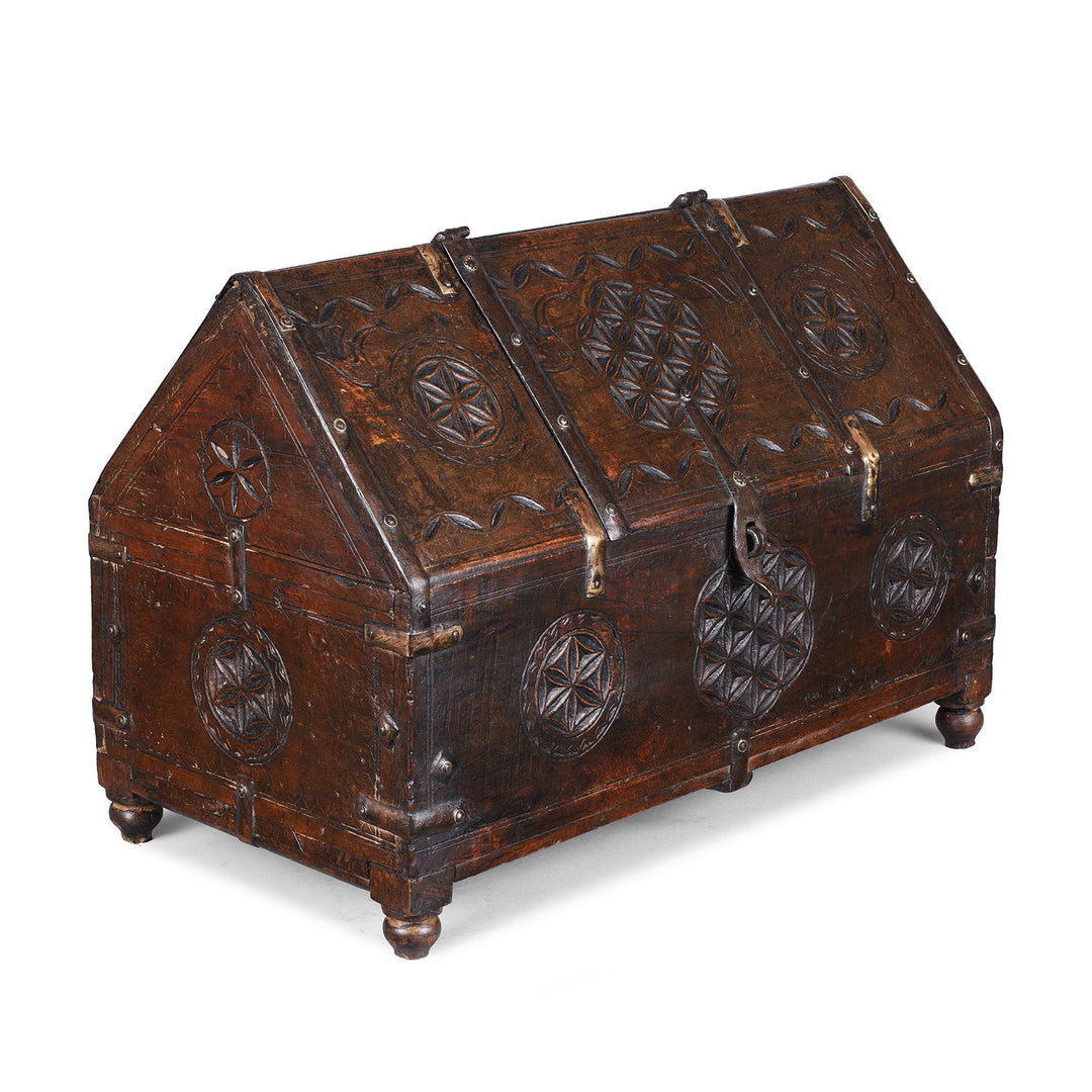 Angled View Of Antique Indian Jaisalmer Hut Box Dowry Chest With Chip Carved Geometric Motifs And Iron Bindings
