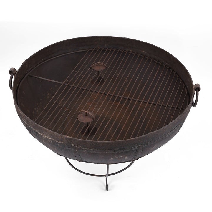 Antique Indian Kadai Fire Bowl With Grill On Stand Hand Forged Iron Rajasthan 1920s