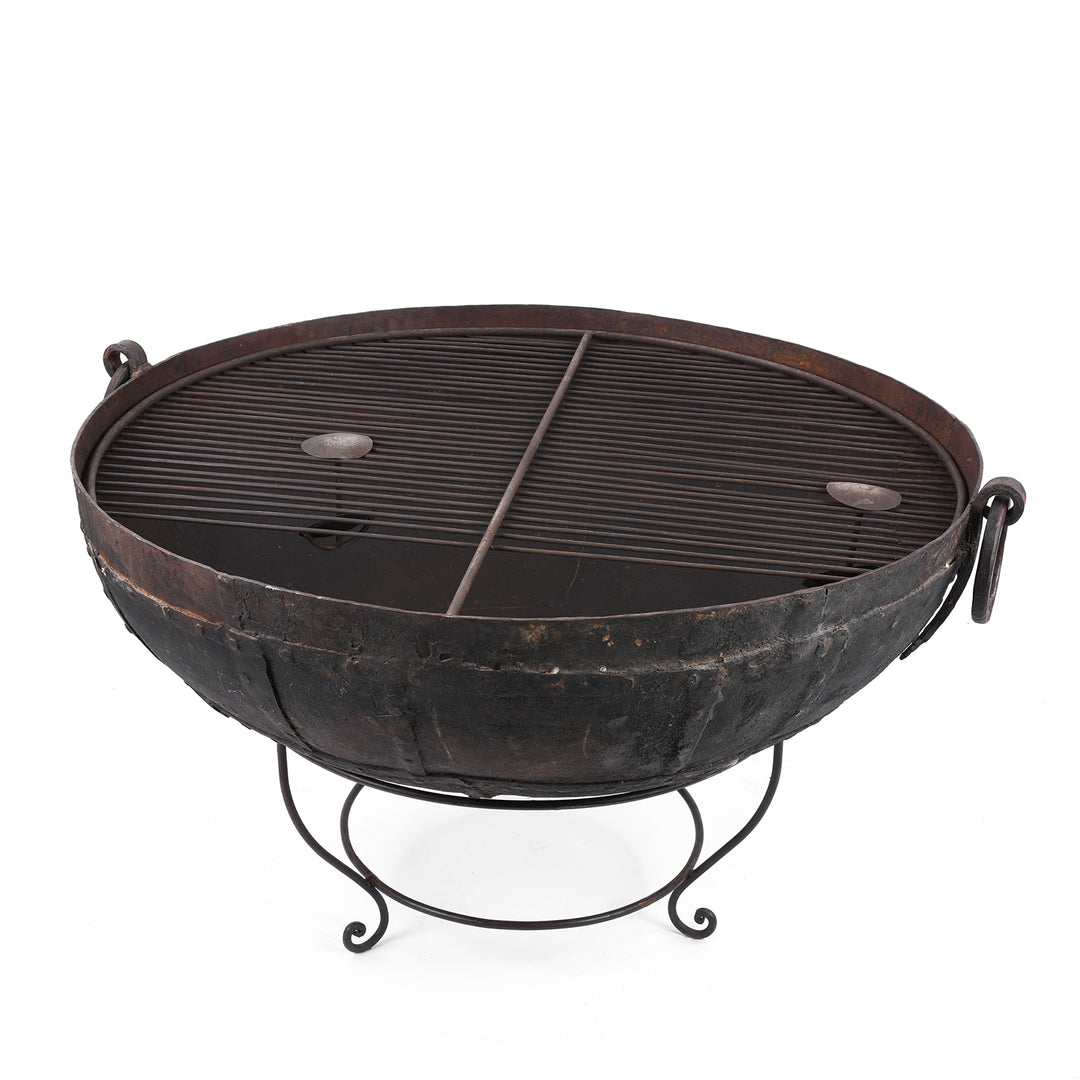 Antique Indian Kadai Fire Bowl With Grill On Stand Hand Forged Iron Rajasthan 1920s