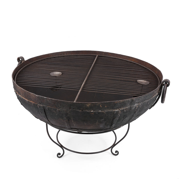 Antique Indian Kadai Fire Bowl With Grill On Stand Hand Forged Iron Rajasthan 1920s