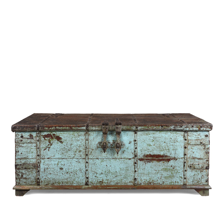 Antique Indian Painted Aqua Teak Coffee Table Chest With Iron Strapping 