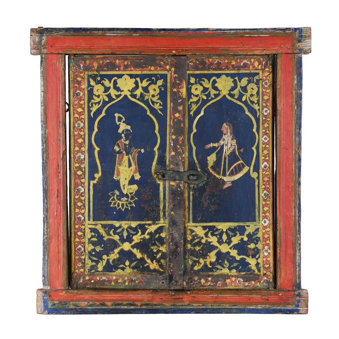 Antique Indian Painted Blue & Red Radha Krishna Window Shutter | Indigo Antiques