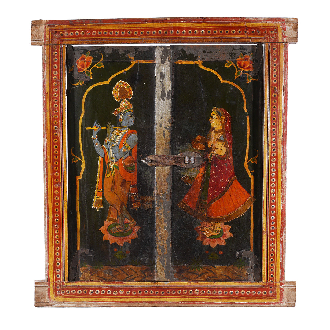 Antique Indian Painted Radha Krishna Window Shutter | Indigo Antiques
