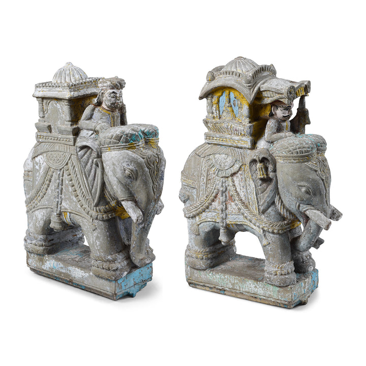 Pair Of Antique Indian Painted Stone Elephants With Mahouts And Royal Box Carving