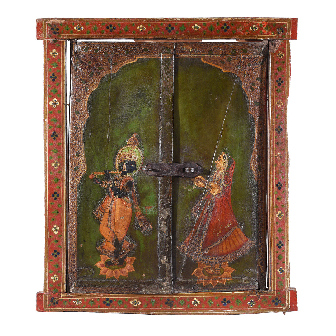 Antique Indian Painted Window Shutter Depicting Radha & Krishna | Indigo Antiques
