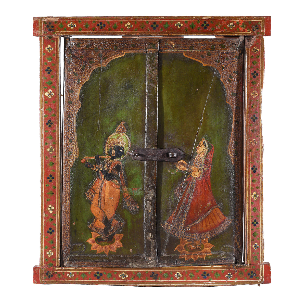 Antique Indian Painted Window Shutter Depicting Radha & Krishna | Indigo Antiques