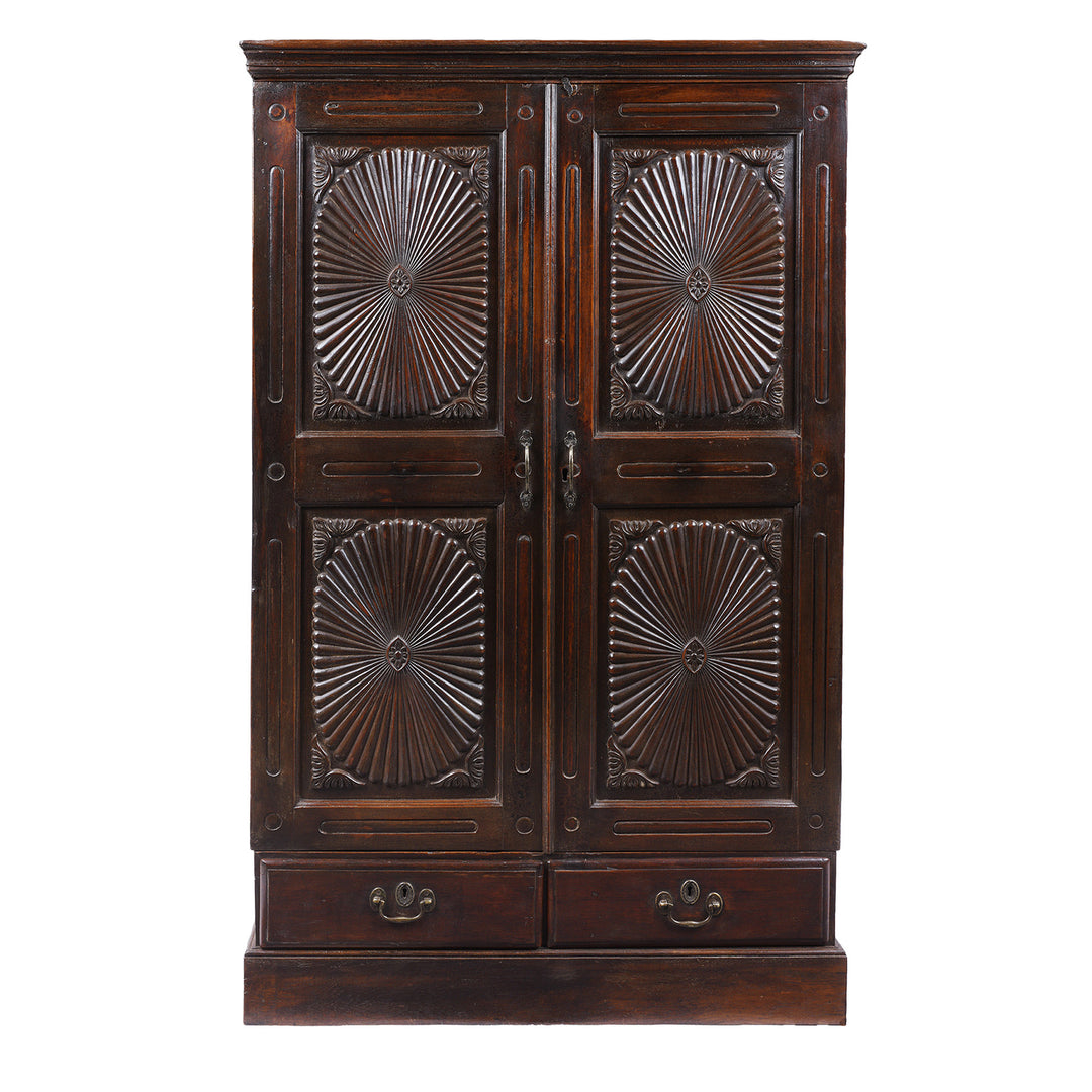 Antique Indian Teak Almirah Cabinet With Hand Carved Sunburst Panels And Rich Aged Patina | indigo Antiques