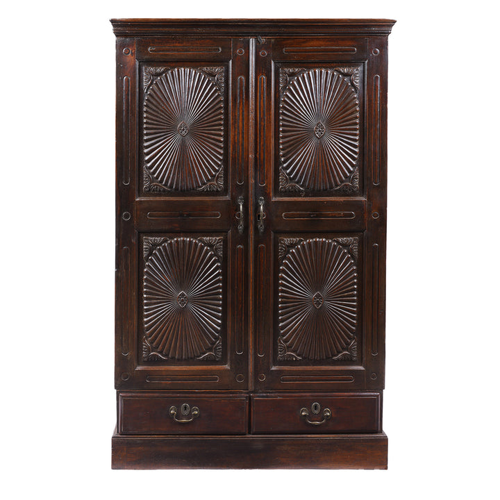 Antique Indian Teak Almirah Cabinet With Hand Carved Sunburst Panels And Rich Aged Patina | indigo Antiques