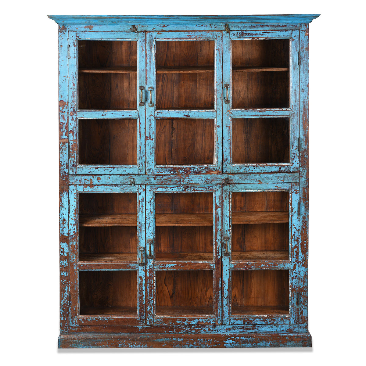 Antique Indian Teak Book Cabinet With Distressed Blue Frame, Warm Teak Interior, Five Shelves, And Sliding Central Panels