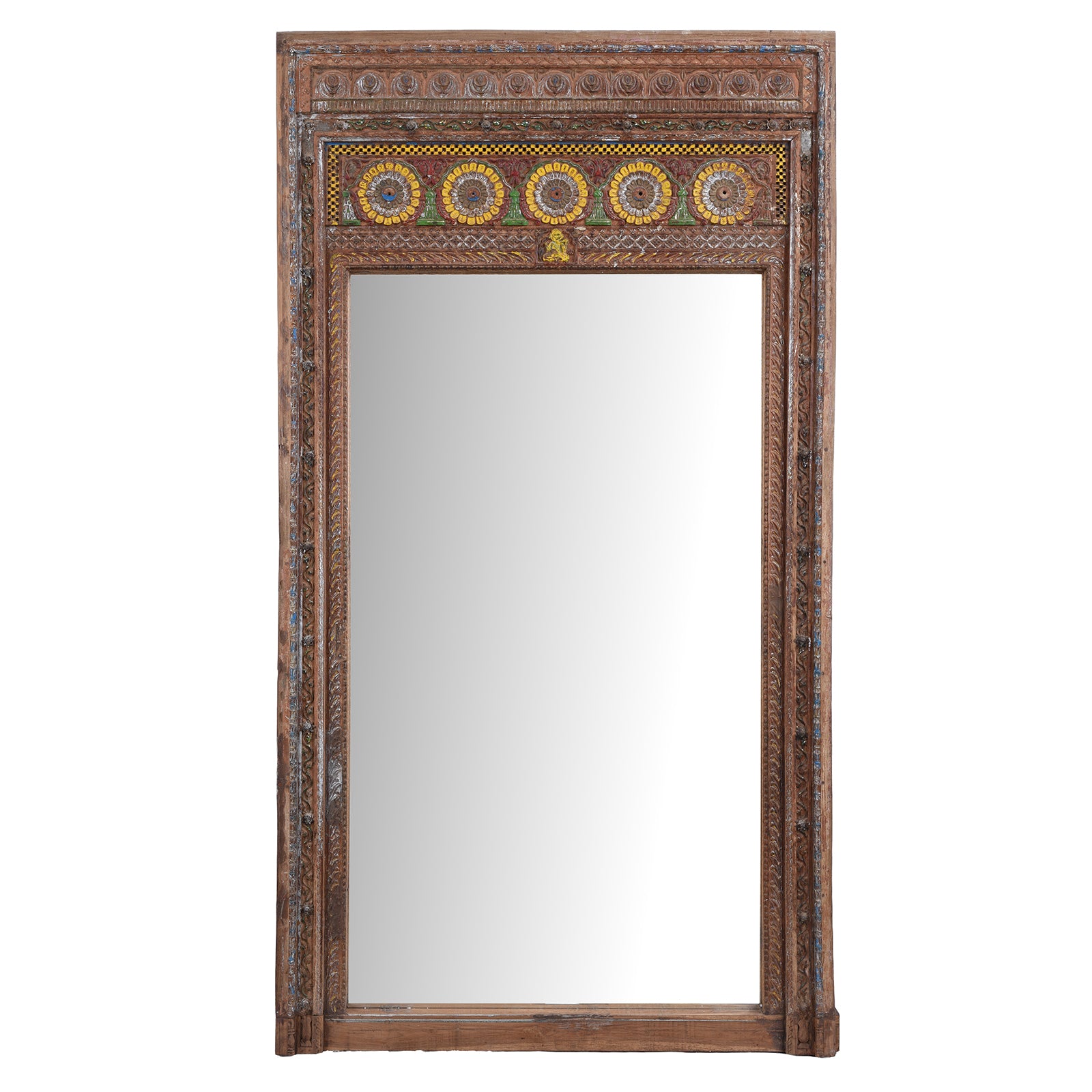Antique Indian Teak Mirror With Carved Ganesh And Floral Motifs