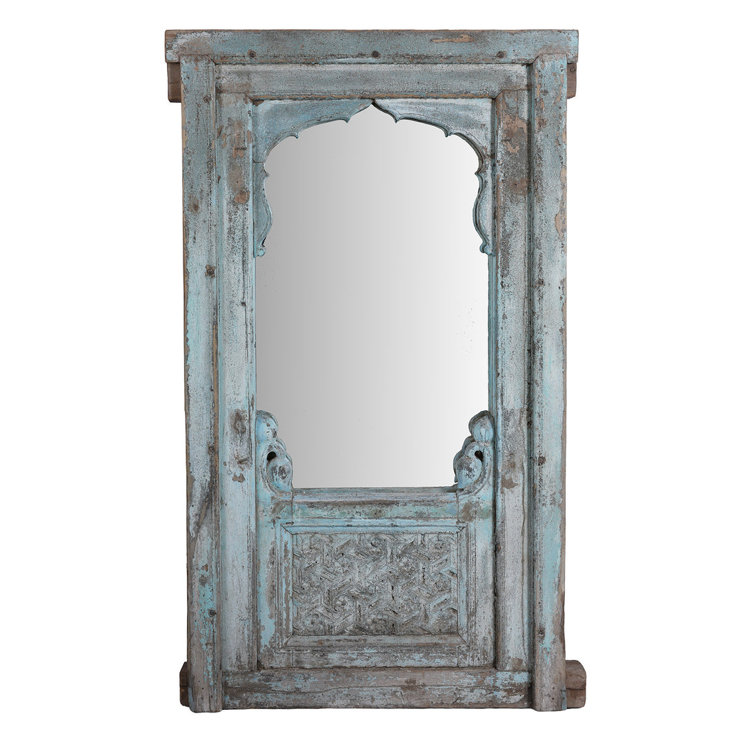 Antique Indian Teak Mirror With Mughal Arch And Carved Base Panel In Distressed Blue Paint