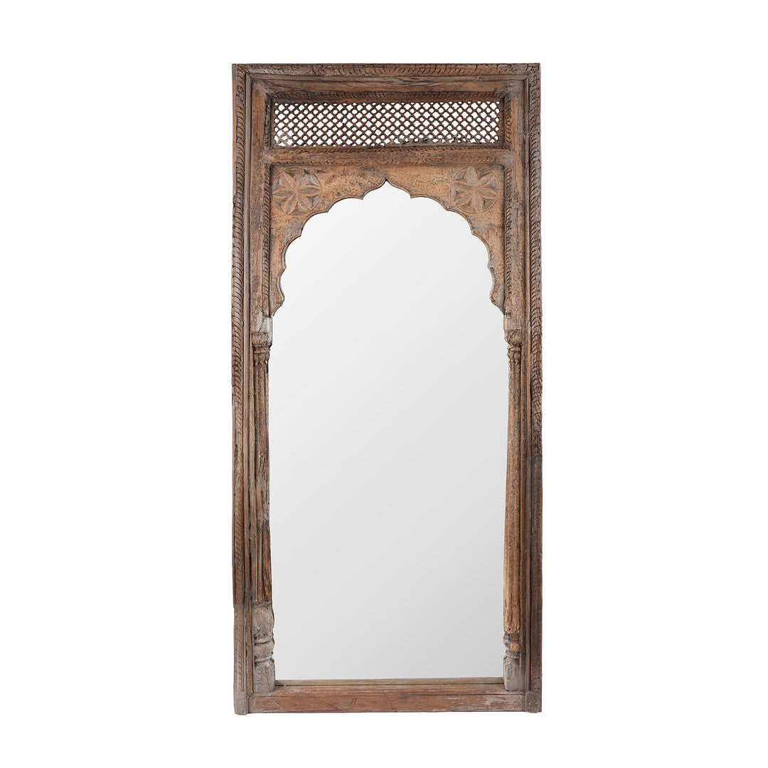 Antique Indian Teak Window Mirror With Arched Frame And Intricate Lattice Carving At The Top