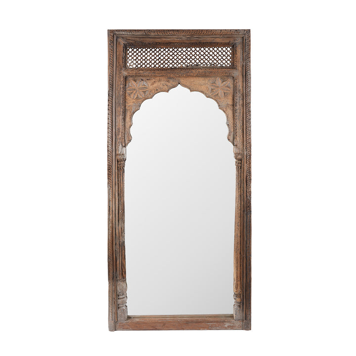 Antique Indian Teak Window Mirror With Arched Frame And Intricate Lattice Carving At The Top