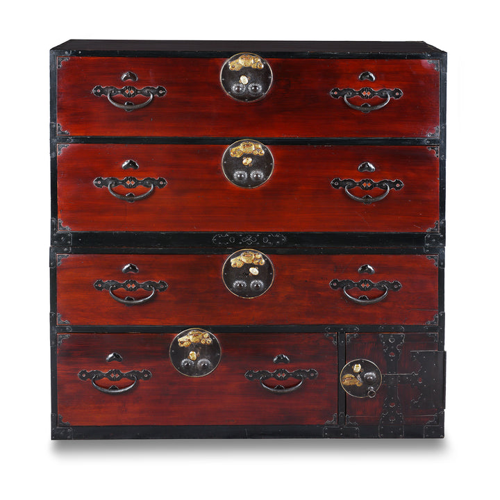 Antique Japanese Edo Period Red Lacquer Kasane Tansu Clothing Chest With Iron And Brass Hardware | Indigo Antiques