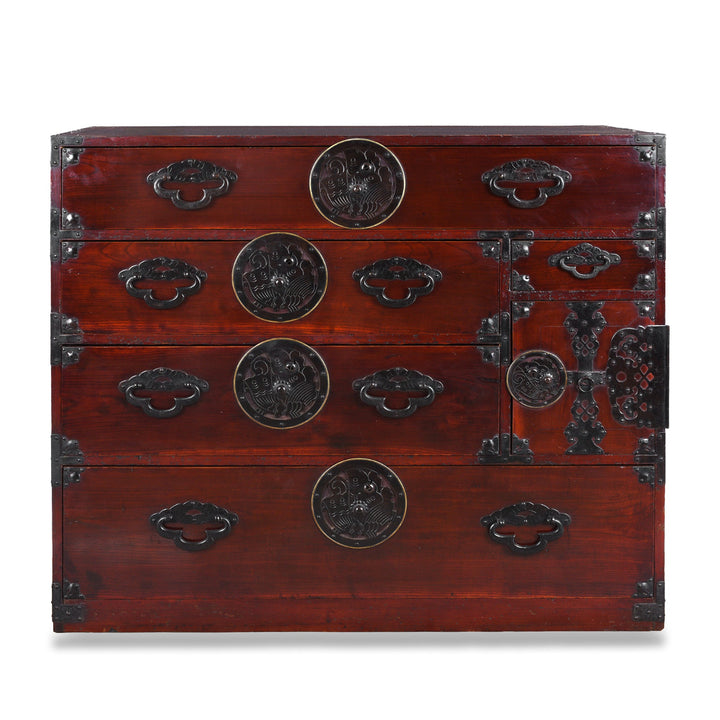 Antique Japanese Isho Dansu Chest Of Drawers With Mokko Drawer Pulls And Ornate Iron Hardware