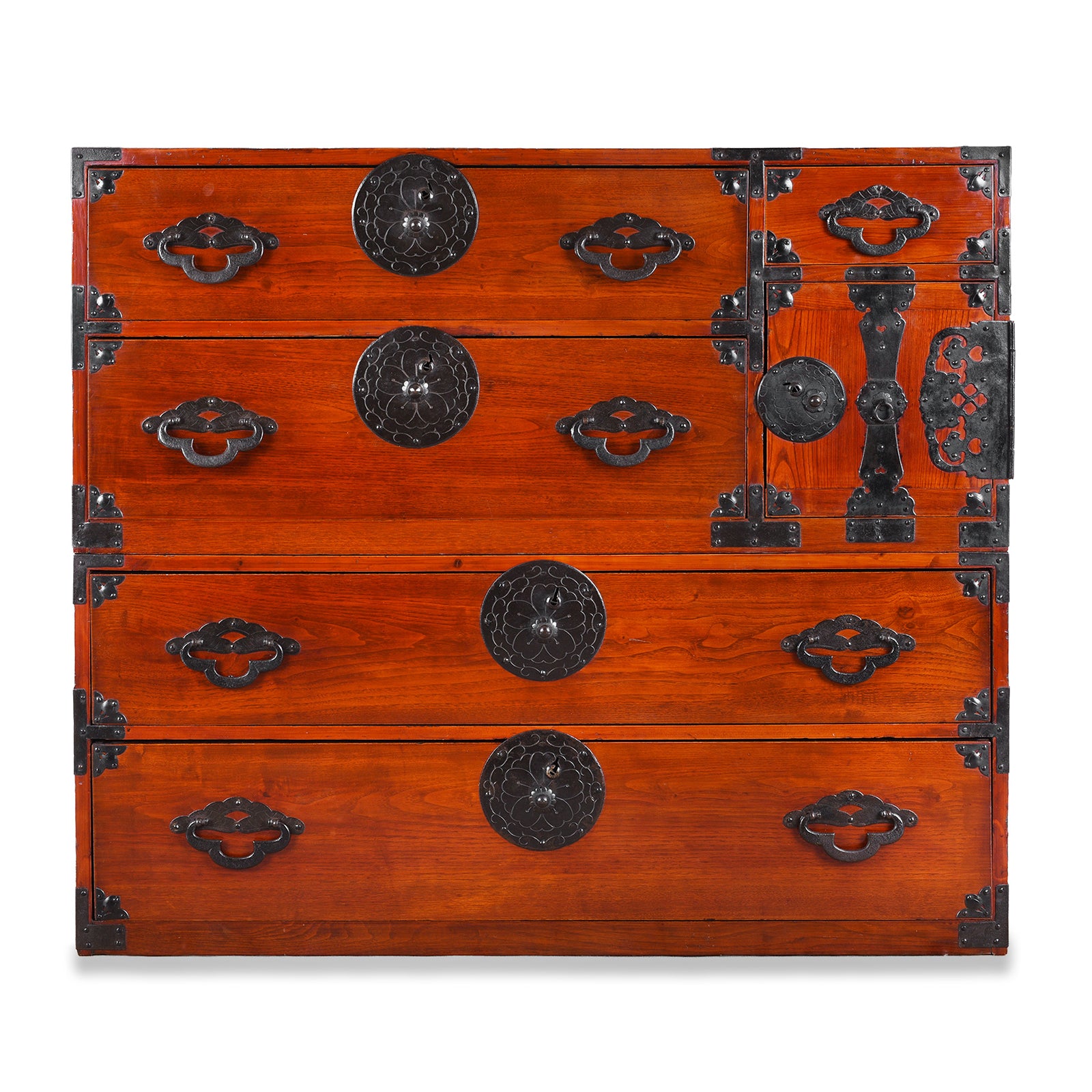 Antique Japanese Tansu Chest With Lacquered Wood Finish And Ornate Iron Hardware