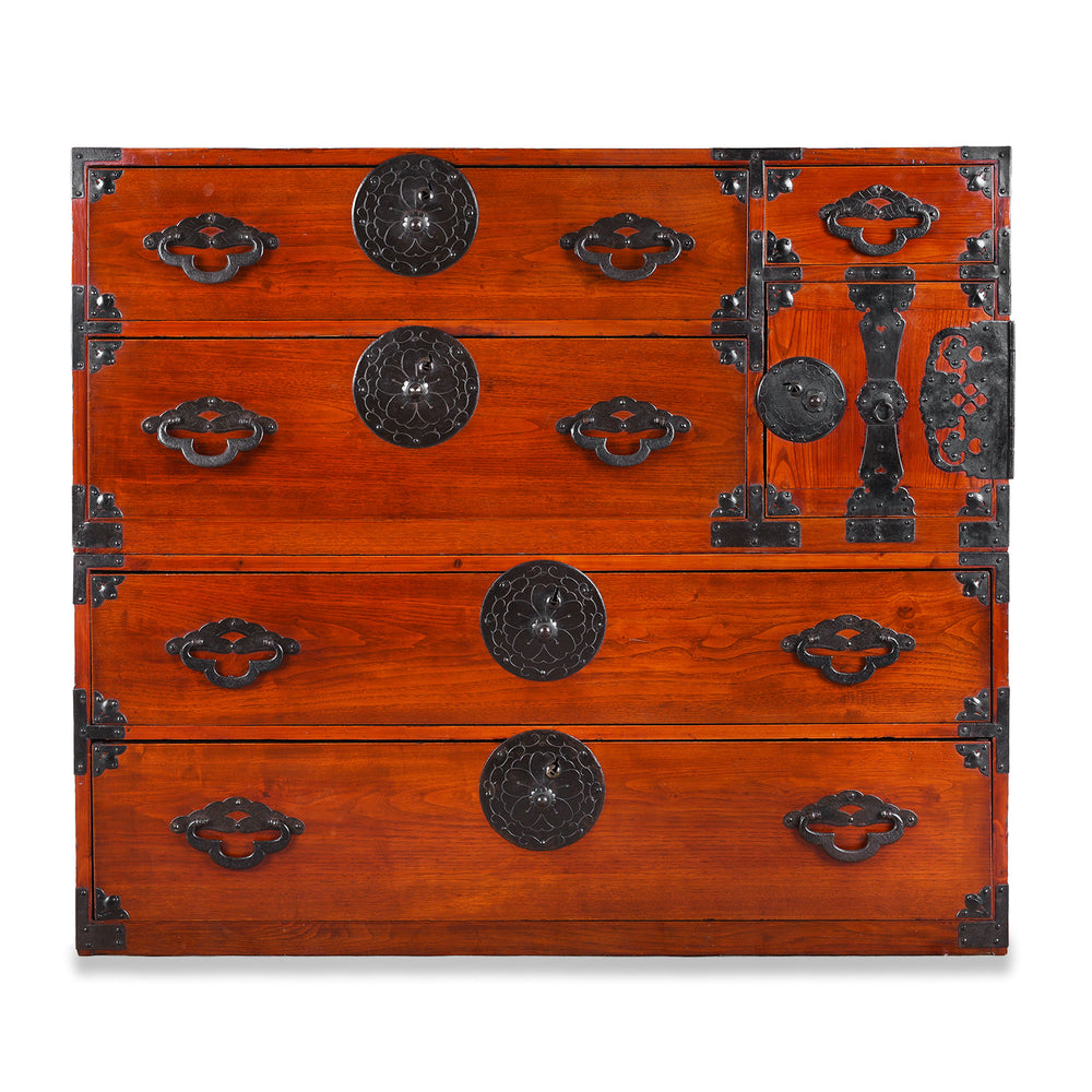 Antique Japanese Tansu Chest With Lacquered Wood Finish And Ornate Iron Hardware