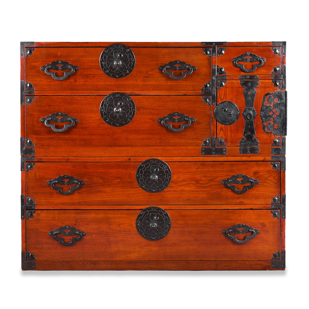 Antique Japanese Tansu Chest With Lacquered Wood Finish And Ornate Iron Hardware