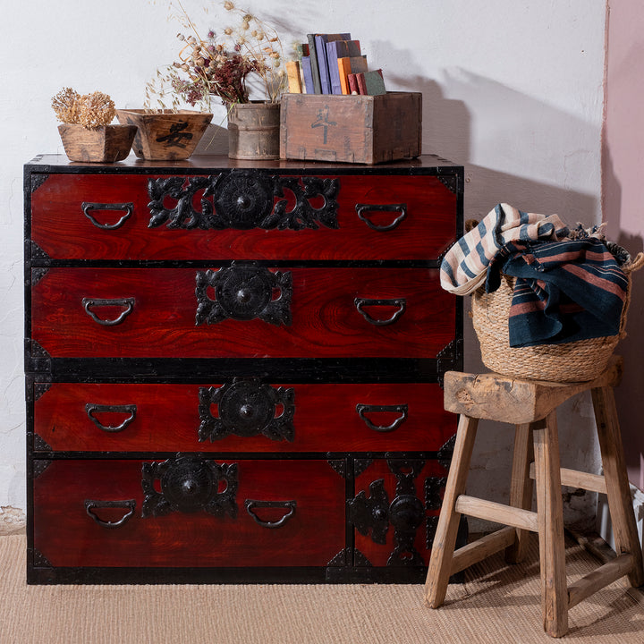 Meiji Period Sendai Isho Dansu With Chrysanthemum Motif Ironwork And Two Section Stacking Design