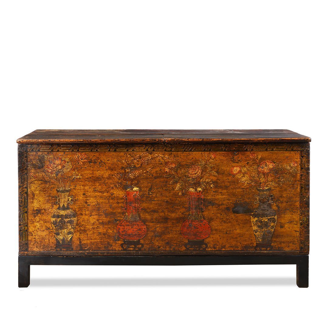 Antique Mongolian Chest With Original Paint On New Stand | Indigo Antiques
