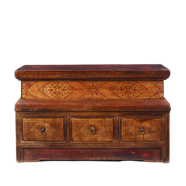 Antique Mongolian Painted Choksar With Sliding Top Storage And Three Drawers From The 19th Century