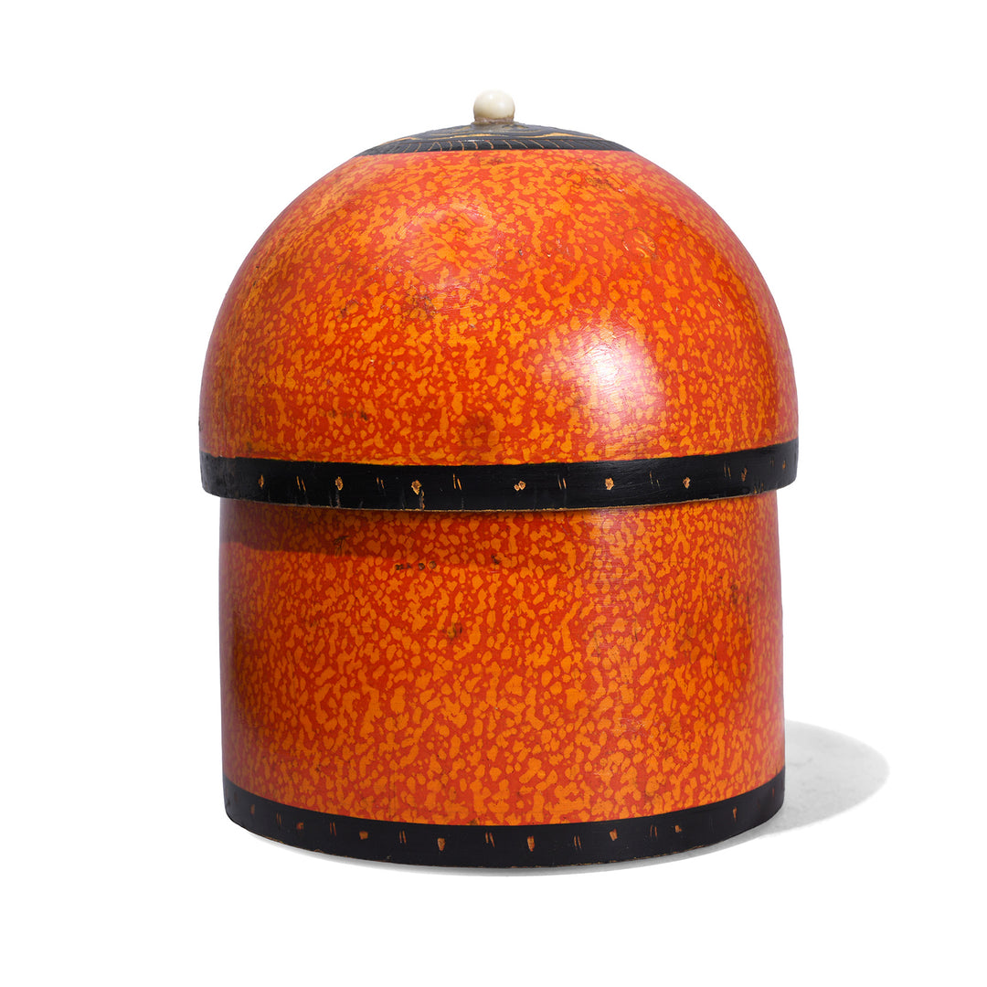 Antique Nineteenth Century Barmer Spotted Lacquer Pot With Domed Lid And Central Motif