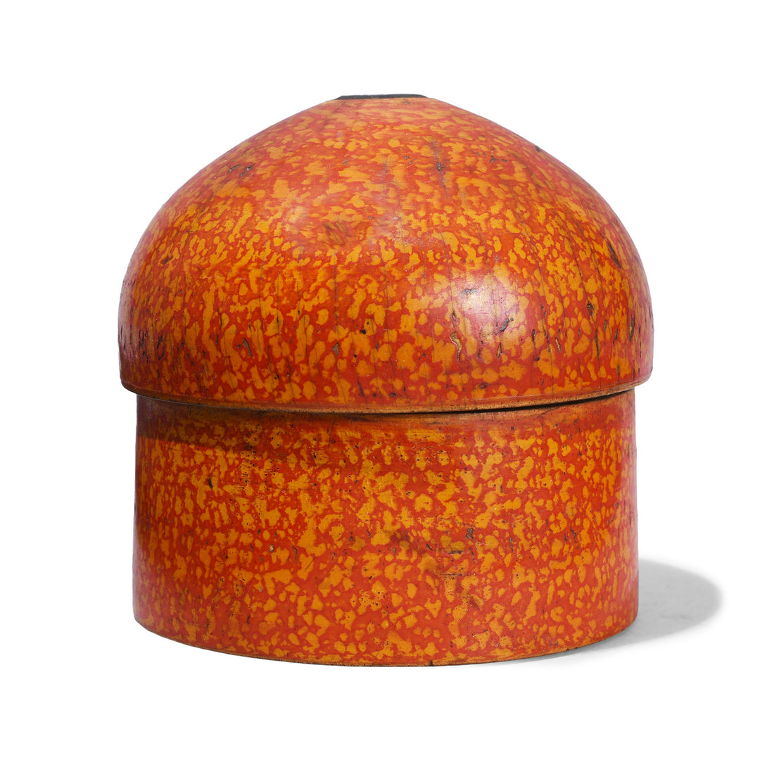 Antique Nineteenth Century Rajasthani Scratchwork Lacquer Box Open With Domed Lid Beside Base