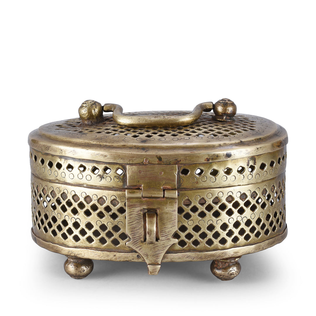 Antique Oval Brass Jali Paandan Box With Pierced Lattice Decoration Hinged Lid Carrying Handle And Decorative Clasp India Circa 1920 | Indigo Antiques