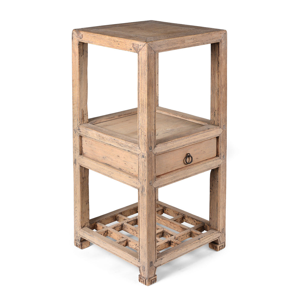 Angled View Of Antique Pine Flower Stand From Tianjin With Drawer And Lattice Base