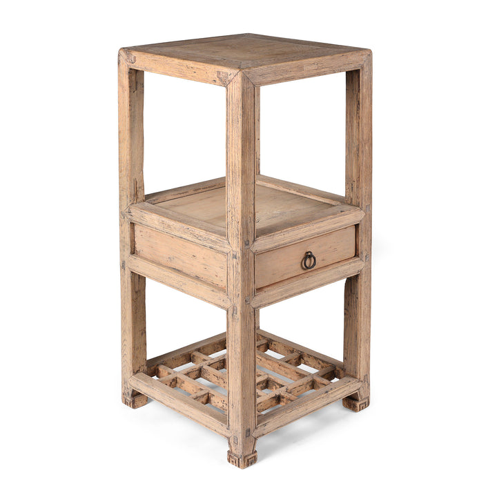 Angled View Of Antique Pine Flower Stand From Tianjin With Drawer And Lattice Base