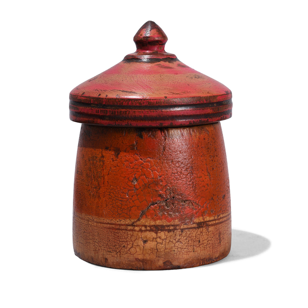 Antique Rajasthani Teak Tika Box From Banswara With Red Painted Domed Lid