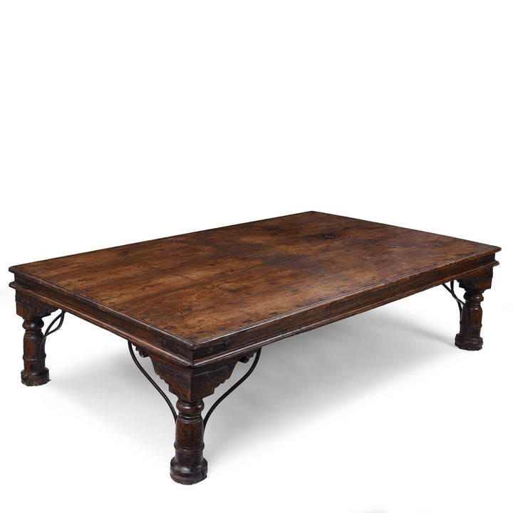 Antique Shekhawati Roheda Wood Takhat Coffee Table With Incised Indian Script And Iron Fittings