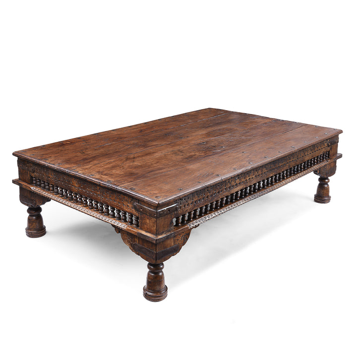Antique Shekhawati Takhat Coffee Table Angled View With Carved Apron And Turned Feet