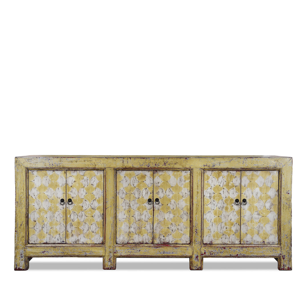 Antique Six Door Mongolian Painted Sideboard Made From Old Wood With Scalloped Yellow And White Decoration And Shelved Interior