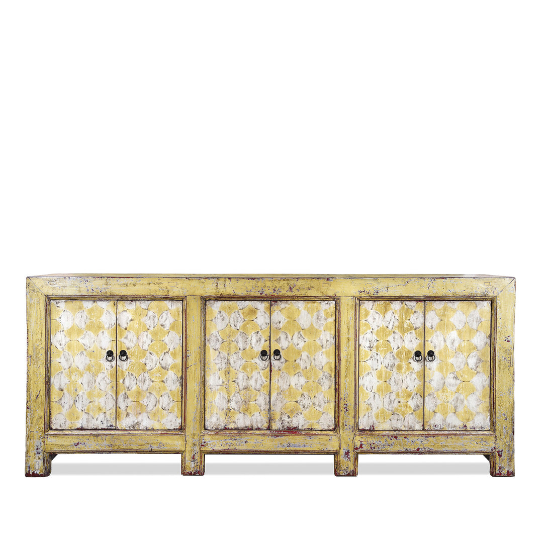 Antique Six Door Mongolian Painted Sideboard Made From Old Wood With Scalloped Yellow And White Decoration And Shelved Interior