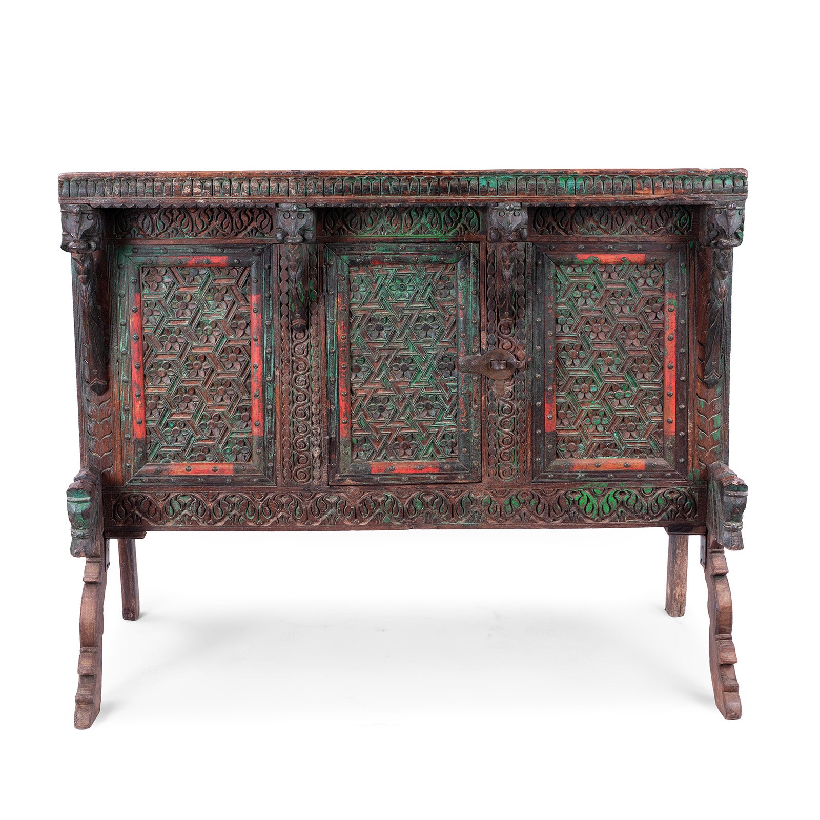 Antique Teak Majus Dowry Chest With Carved Geometric Panels Horse Heads And Parrot Frieze From Gujarat