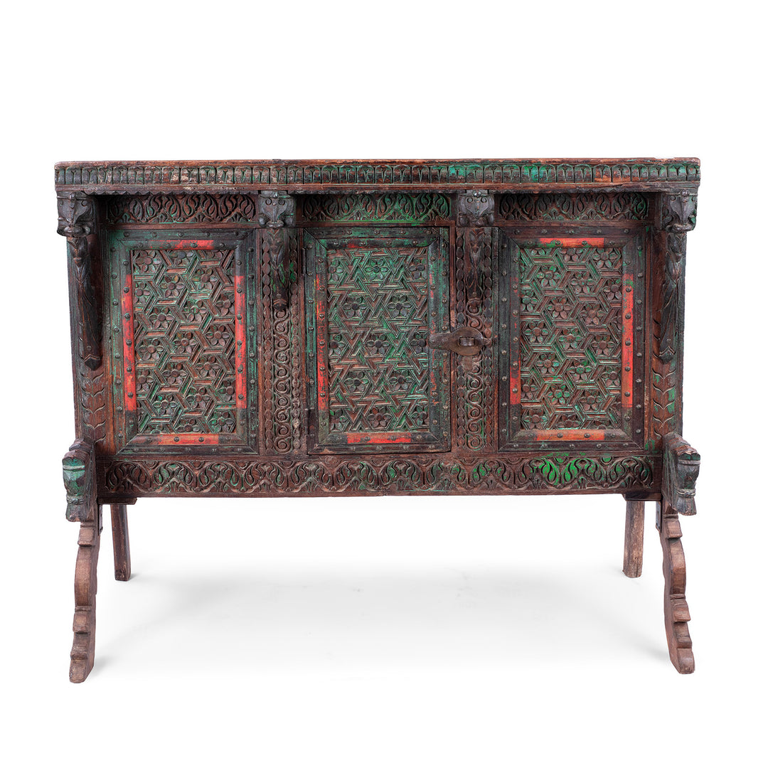 Antique Teak Majus Dowry Chest With Carved Geometric Panels Horse Heads And Parrot Frieze From Gujarat