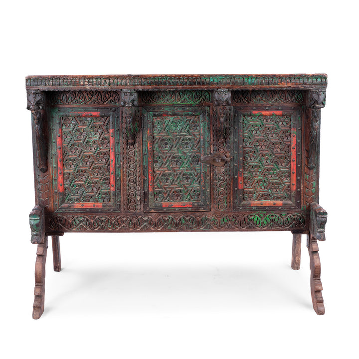 Antique Teak Majus Dowry Chest With Carved Geometric Panels Horse Heads And Parrot Frieze From Gujarat