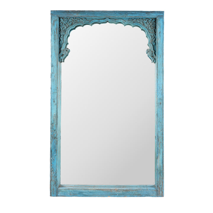 Antique Teak Mirror With Blue Patina And Carved Parrot Motifs From Northern India.