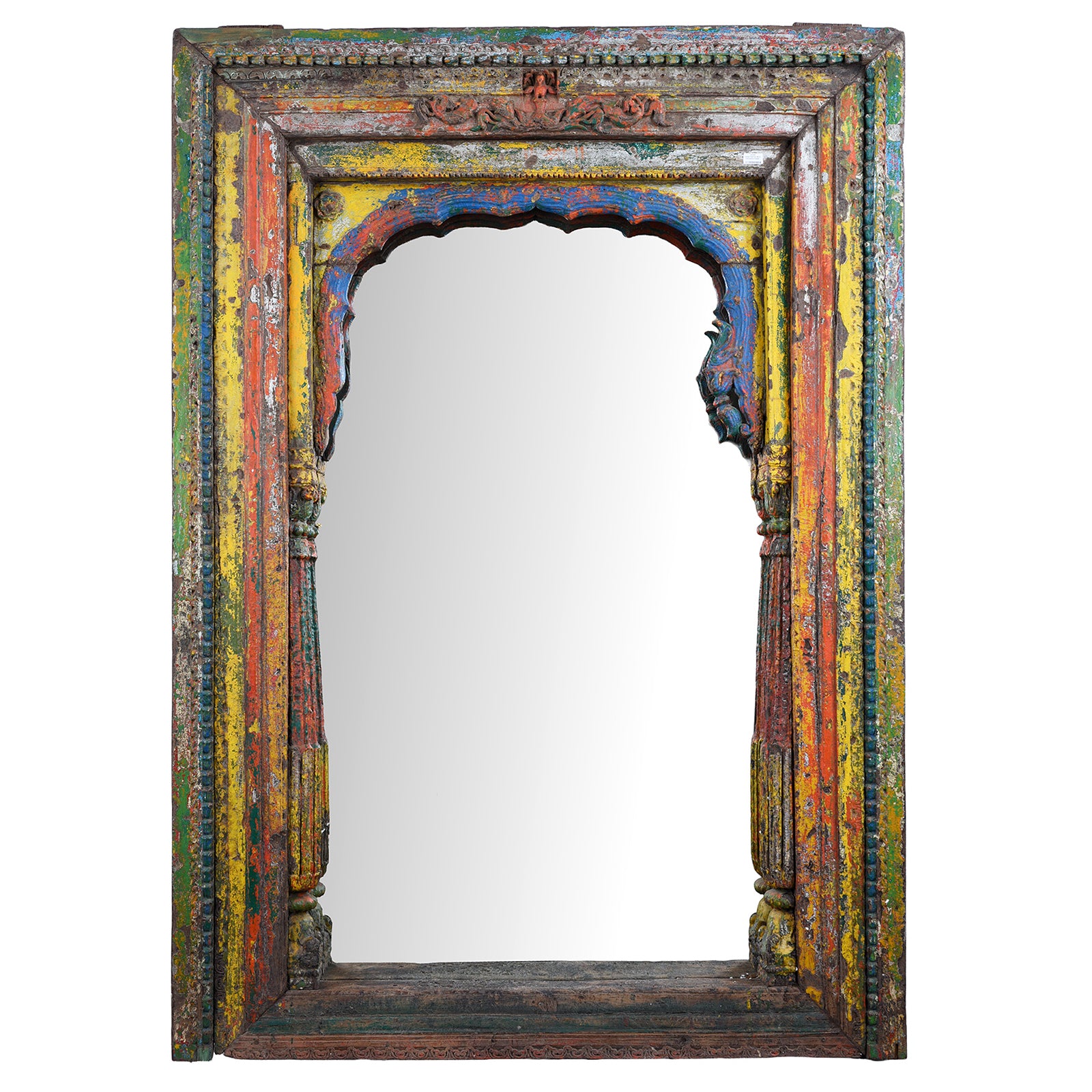 Antique Teak Mirror With Carved Pillars And Mughal Arch From Andhra Pradesh India