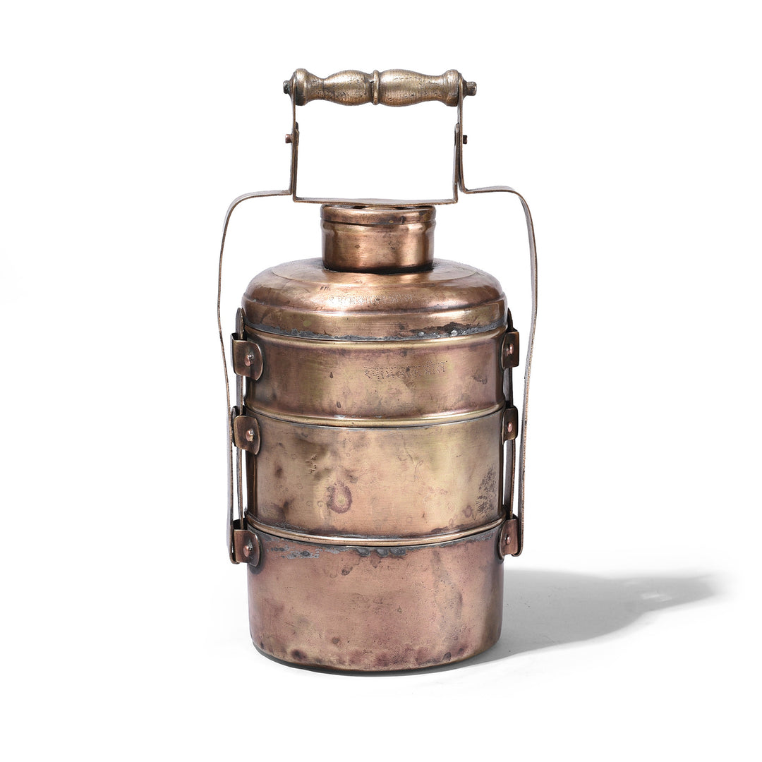 Antique Three Tier Brass Indian Tiffin Box Dabba With Handle And Inscriptions Circa 1900