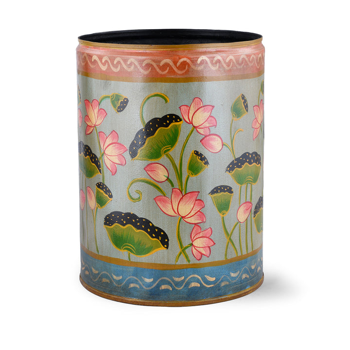 Aqua Lotus Hand painted Waste Paper Bin / Planter | Indigo Antiques