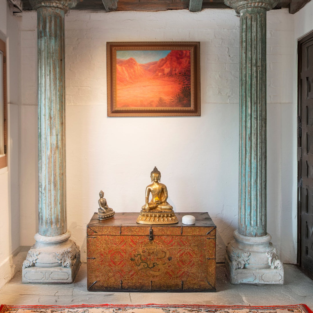 Teakwood Painted Pillars (Pair) With Stone Bases - 19thC | Indigo Oriental Antiques